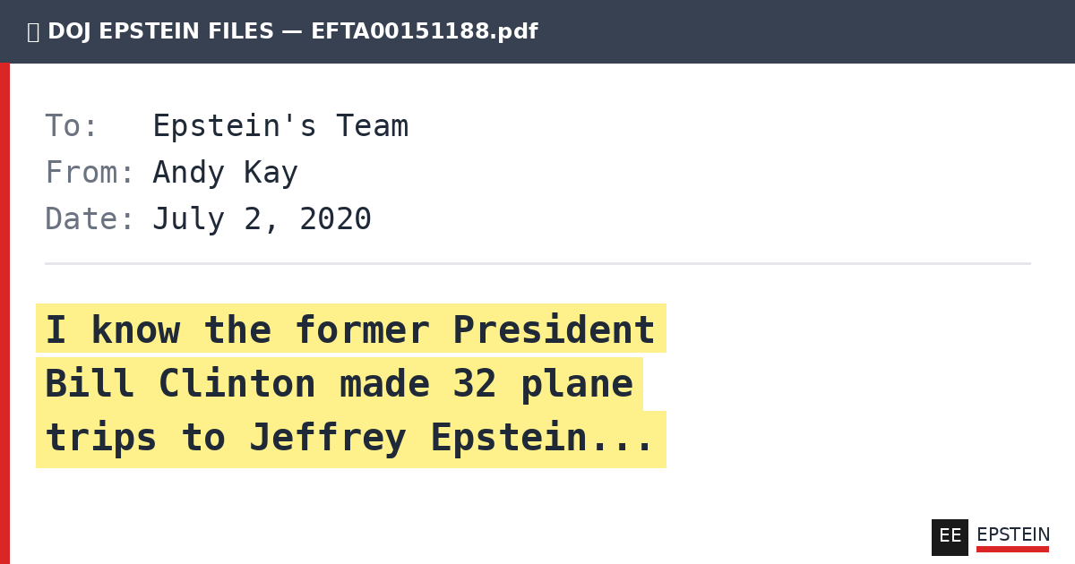 Email about Bill Clinton's 32 plane trips with Epstein
