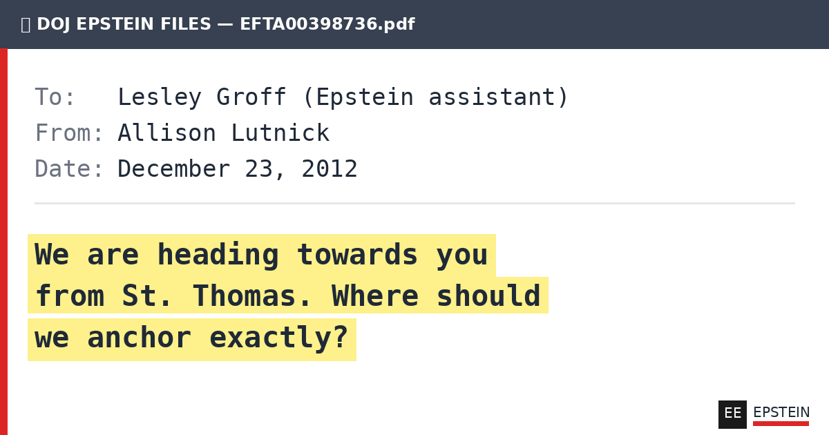Email from Allison Lutnick asking where to anchor at Epstein's island