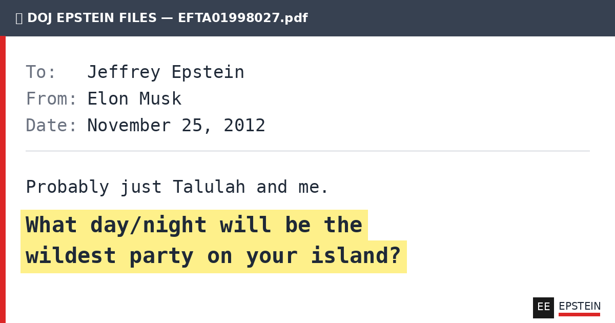 Email from Elon Musk to Jeffrey Epstein asking about the wildest party